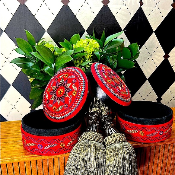 Pair of Vintage Embroidered Fabric Boxes | Hand-Stitched • Round • Red - Picture 6 of 9